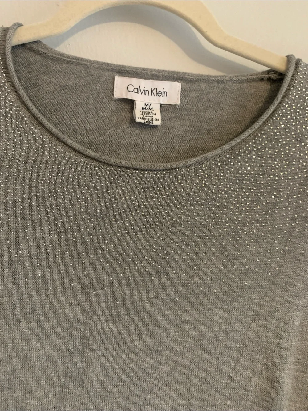 CALVIN KLEIN Light Gray Rhinestone Crewneck Sweater